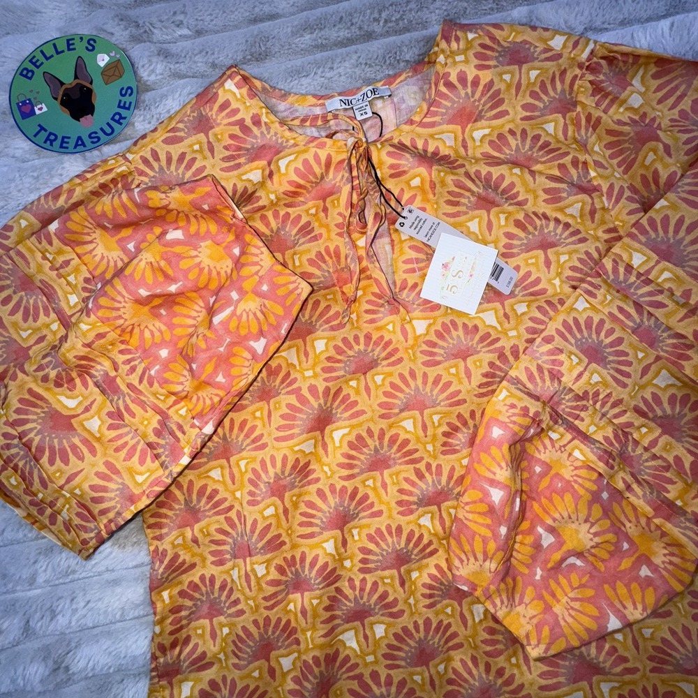 Nic + Zoe Women's XS Swan Rays Neck Tie Cotton Boho Blouse Orange Balloon Sleeve